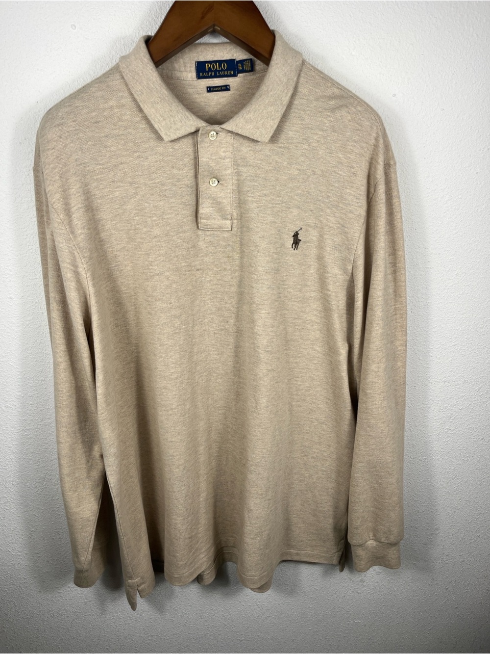 Ralph Lauren Long Sleeve Polo Shirt in Light Beige w/ Brown Pony Preppy Size XL